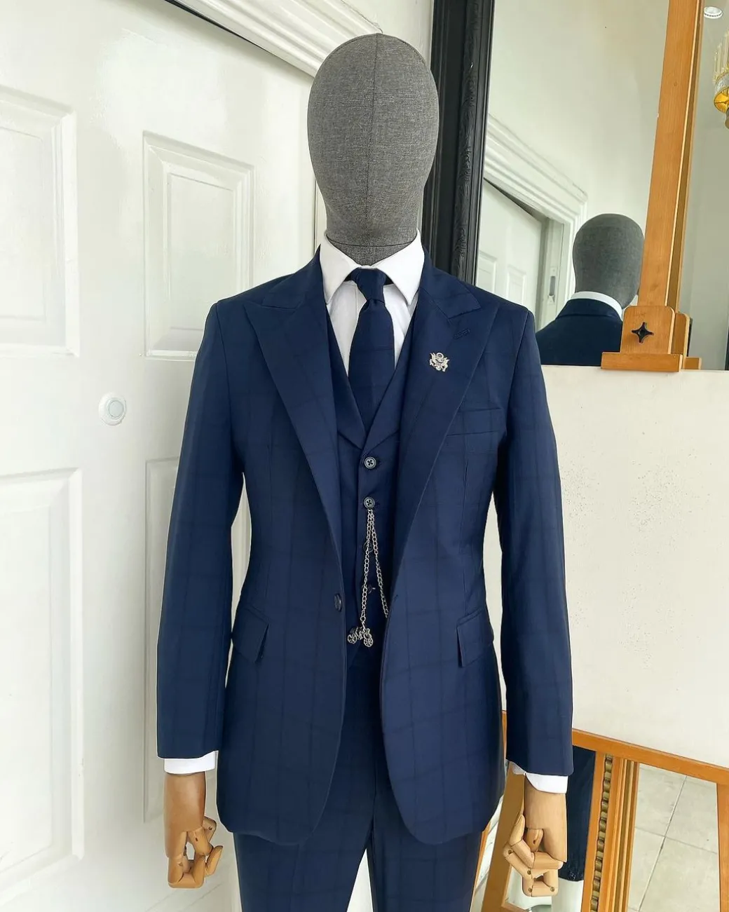 A Windowpane Check, Navy Blue – Nobility – “Board Room” Peak Lapel Suit