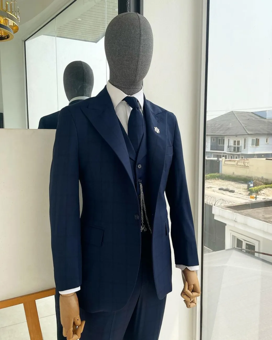 A Windowpane Check, Navy Blue – Nobility – “Board Room” Peak Lapel Suit