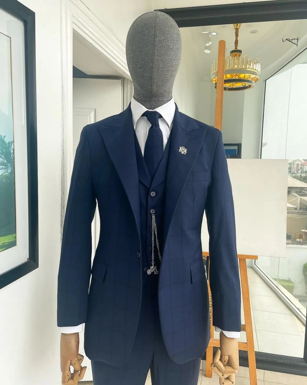 A Windowpane Check, Navy Blue – Nobility – “Board Room” Peak Lapel Suit