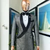 A wire metallic silver and black jacquard, lower cut, wrap shawl lapel tuxedo suit
