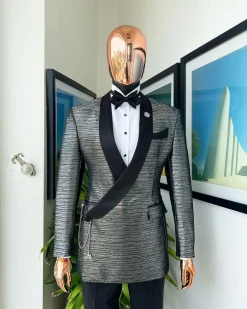 A wire metallic silver and black jacquard, lower cut, wrap shawl lapel tuxedo suit