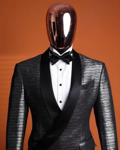 A wire metallic silver and black jacquard, lower cut, wrap shawl lapel tuxedo suit