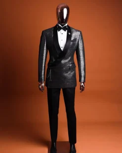 A wire metallic silver and black jacquard, lower cut, wrap shawl lapel tuxedo suit
