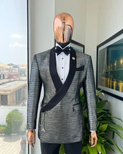 A wire metallic silver and black jacquard, lower cut, wrap shawl lapel tuxedo suit
