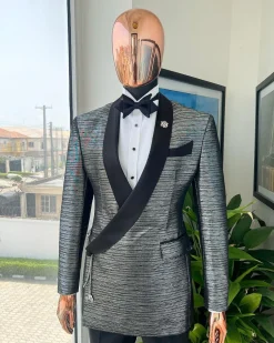 A wire metallic silver and black jacquard, lower cut, wrap shawl lapel tuxedo suit