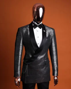 A wire metallic silver and black jacquard, lower cut, wrap shawl lapel tuxedo suit