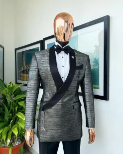 A wire metallic silver and black jacquard, lower cut, wrap shawl lapel tuxedo suit