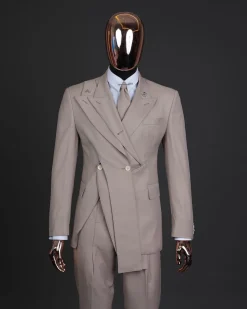 A “Yohji”, 2 buttons, Irish cream, deconstructed 3-layered knitted peak lapel suit