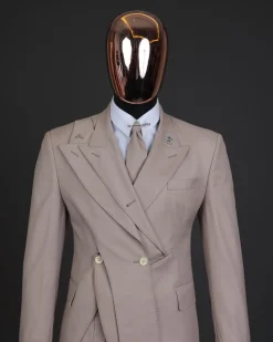 A “Yohji”, 2 buttons, Irish cream, deconstructed 3-layered knitted peak lapel suit