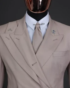 A “Yohji”, 2 buttons, Irish cream, deconstructed 3-layered knitted peak lapel suit
