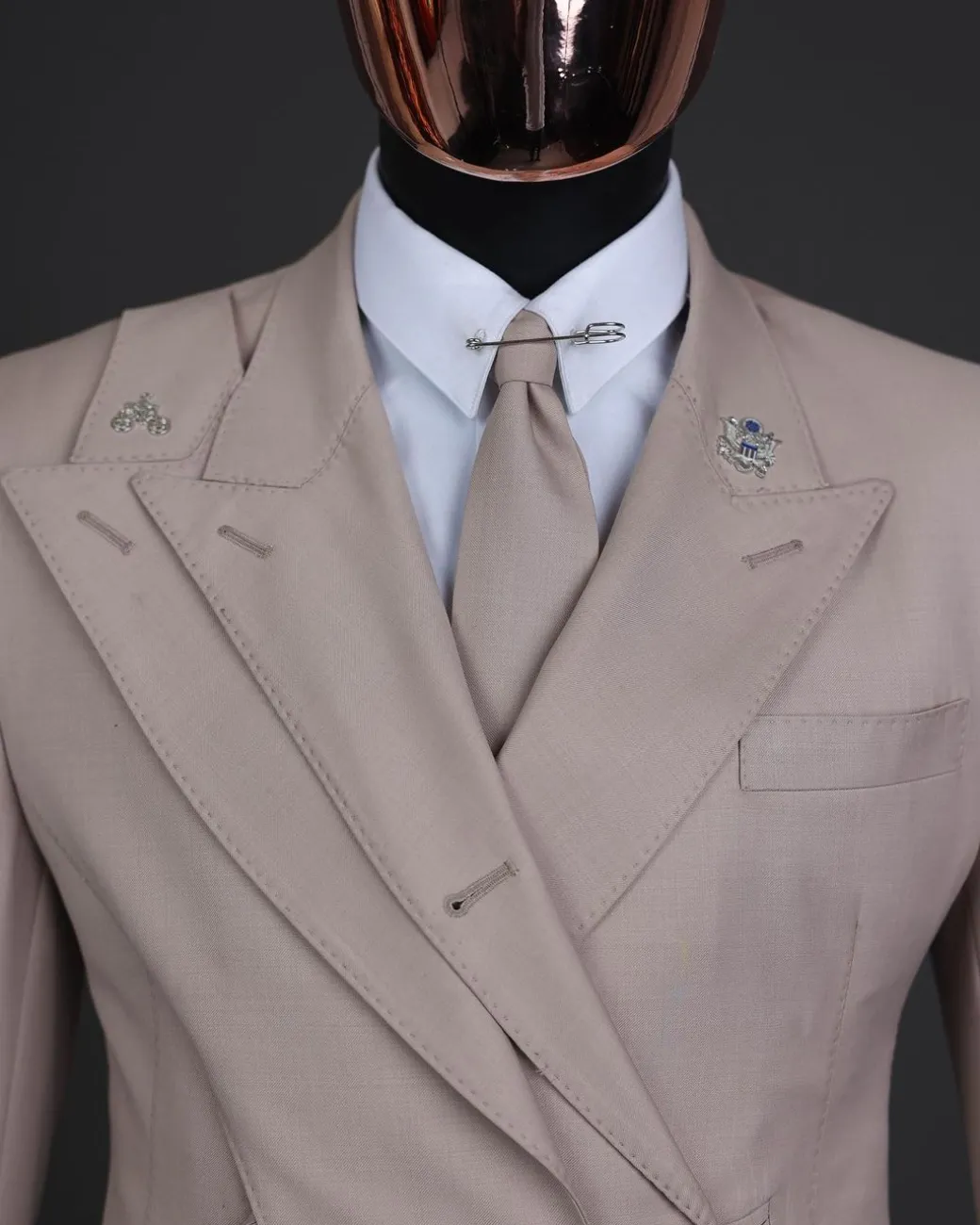 A “Yohji”, 2 buttons, Irish cream, deconstructed 3-layered knitted peak lapel suit