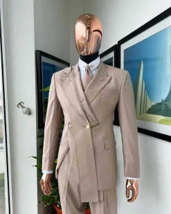A “Yohji”, 2 buttons, Irish cream, deconstructed 3-layered knitted peak lapel suit