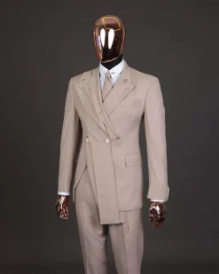 A “Yohji”, 2 buttons, Irish cream, deconstructed 3-layered knitted peak lapel suit