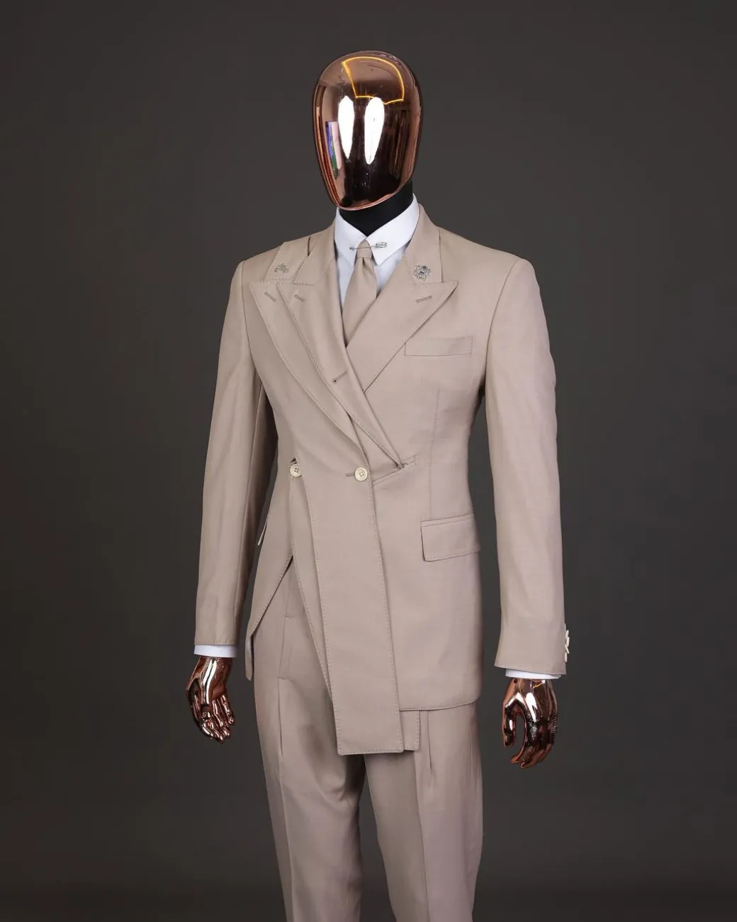A “Yohji”, 2 buttons, Irish cream, deconstructed 3-layered knitted peak lapel suit