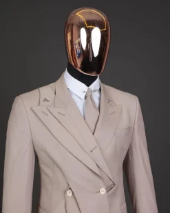 A “Yohji”, 2 buttons, Irish cream, deconstructed 3-layered knitted peak lapel suit