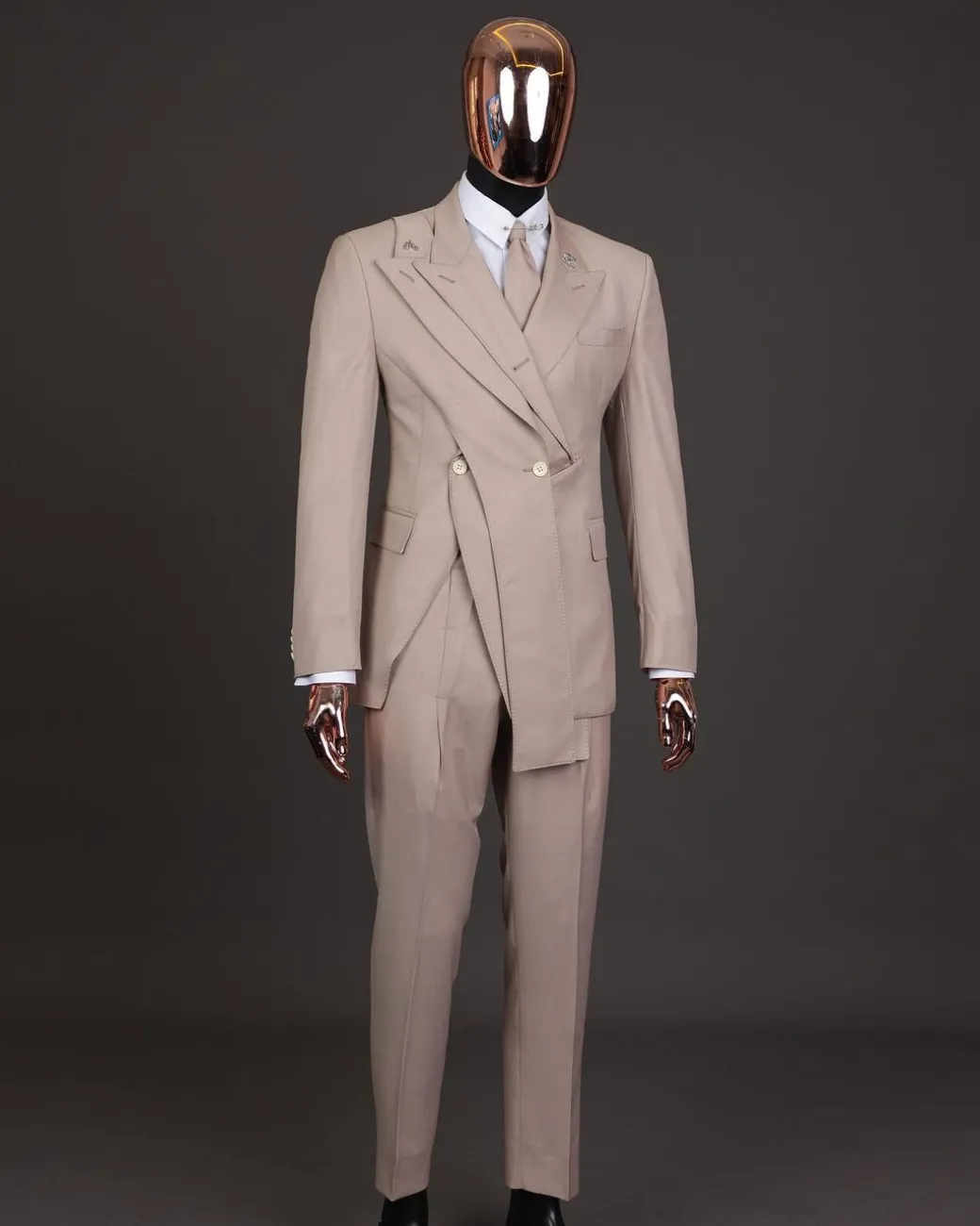 A “Yohji”, 2 buttons, Irish cream, deconstructed 3-layered knitted peak lapel suit