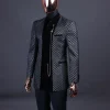 A “Zig Zag” Charcoal Black and Silver, Layered Inverted Pattern Safari Suit