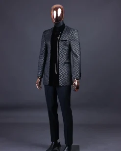 A “Zig Zag” Charcoal Black and Silver, Layered Inverted Pattern Safari Suit