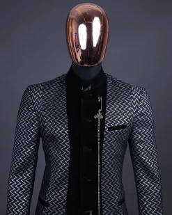 A “Zig Zag” Charcoal Black and Silver, Layered Inverted Pattern Safari Suit
