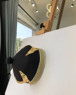 African IBO Black Royal Traditional Hat With Gold Swarovsky Adornment