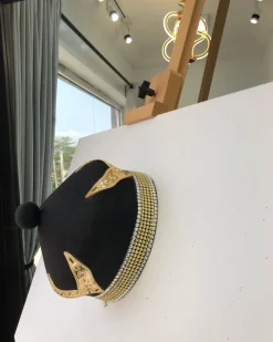 African IBO Black Royal Traditional Hat With Gold Swarovsky Adornment