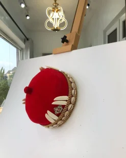 African IBO Red Royal Traditional Hat With Gold And Horn Adornment