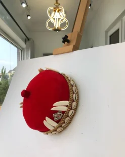 African IBO Red Royal Traditional Hat With Gold And Horn Adornment