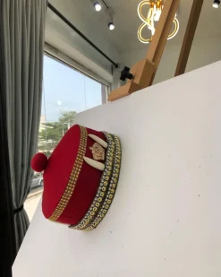 African IBO Red Royal Traditional Hat With Gold and Horn Adornment