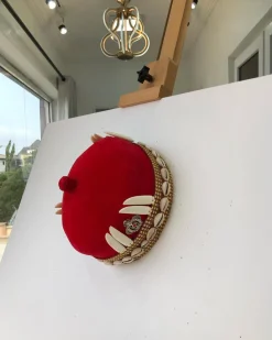 African IBO Red Royal Traditional Hat With Gold And Horn Adornment