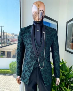 A Green Floral Jjacquard “LT” Front Cut Tuxedo Suit