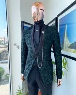 A Green Floral Jjacquard “LT” Front Cut Tuxedo Suit