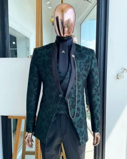 A Green Floral Jjacquard “LT” Front Cut Tuxedo Suit