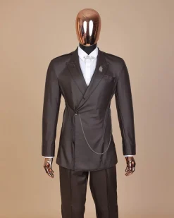 A #Herd” brown leather, knitted & outer layered peak lapel wrap suit
