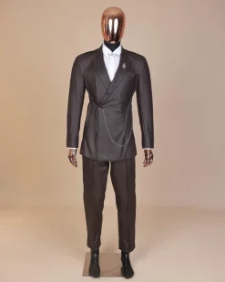 A #Herd” brown leather, knitted & outer layered peak lapel wrap suit