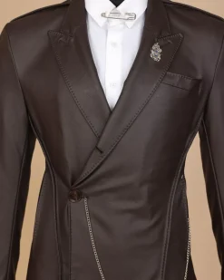 A #Herd” brown leather, knitted & outer layered peak lapel wrap suit
