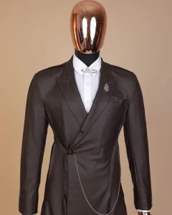 A #Herd” brown leather, knitted & outer layered peak lapel wrap suit