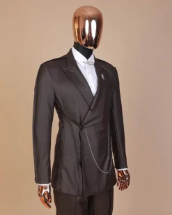 A #Herd” brown leather, knitted & outer layered peak lapel wrap suit