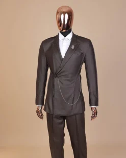 A #Herd” brown leather, knitted & outer layered peak lapel wrap suit