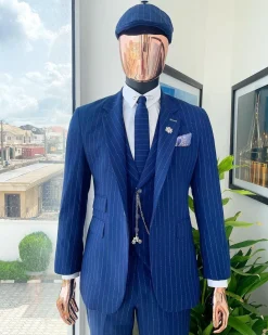 An Admiral and Skye blue pinstripe “peaky blinders” Jorgecarli Super 140’s “Board Room” notch lapel suit