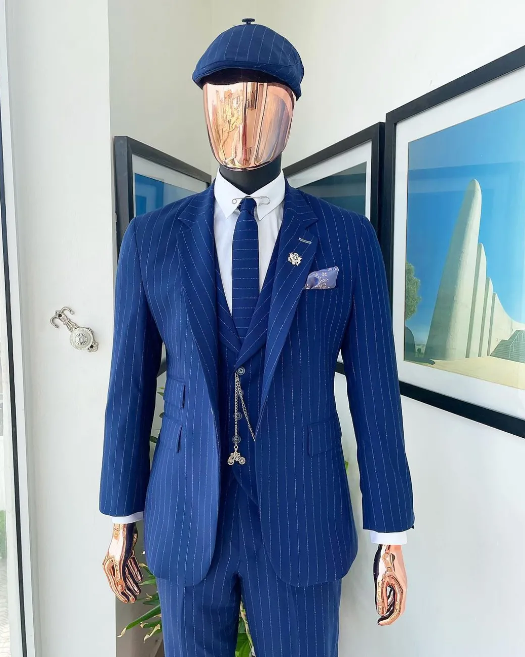 An Admiral and Skye blue pinstripe “peaky blinders” Jorgecarli Super 140’s “Board Room” notch lapel suit