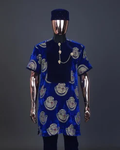 An admiral blue & gold isiagu, mixed with matching soaked velvet, short sleeve kaftan native, Swarovski stone hat & velvet pant Trosuer