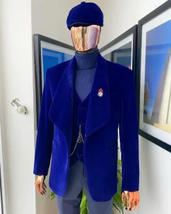 An admiral blue “peaky blinders” soaked Italian velvet shawl lapel suit