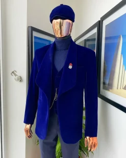 An admiral blue “peaky blinders” soaked Italian velvet shawl lapel suit