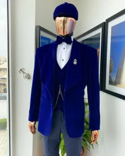 An admiral blue “peaky blinders” soaked Italian velvet shawl lapel suit