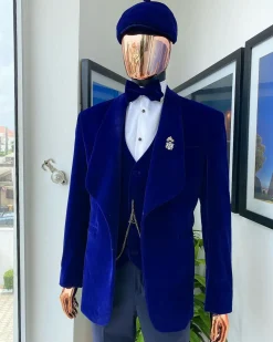 An admiral blue “peaky blinders” soaked Italian velvet shawl lapel suit