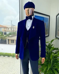 An admiral blue “peaky blinders” soaked Italian velvet shawl lapel suit