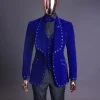 An Admiral Blue velvet shawl lapel tuxedo suit, laced with navy blue and silver ss20 Swarovski stones