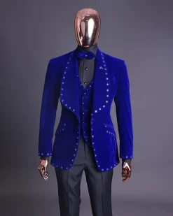 An Admiral Blue velvet shawl lapel tuxedo suit, laced with navy blue and silver ss20 Swarovski stones
