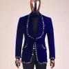 An Admiral Blue velvet shawl lapel tuxedo suit, laced with jet hematite Swarovski stones