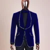 An Admiral Blue velvet shawl lapel tuxedo suit, laced with jet hematite Swarovski stones